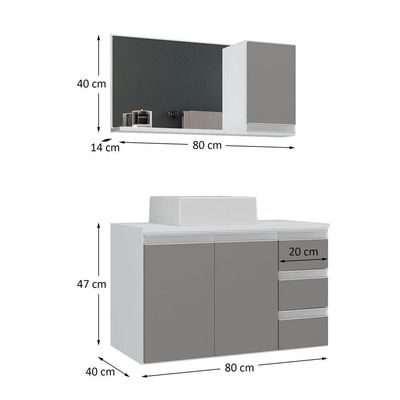 Conjunto Gabinete Banheiro Prisma 80cm Gabinete + Cuba + Espelheira Com Vidro Branco Cinza