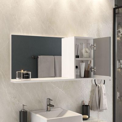 Conjunto Gabinete Banheiro Prisma 80cm Gabinete + Cuba + Espelheira Com Vidro Branco Cinza
