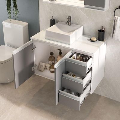 Conjunto Gabinete Banheiro Prisma 80cm Gabinete + Cuba + Espelheira Com Vidro Branco Cinza