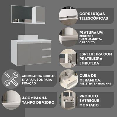 Conjunto Gabinete Banheiro Prisma 80cm Gabinete + Cuba + Espelheira Com Vidro Branco Cinza