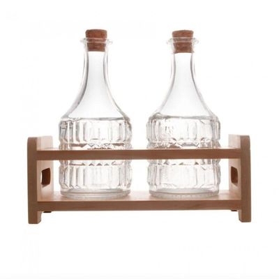 Conjunto 2 Garrafas De Azeite Suporte Em Madeira 180ml Lyor
