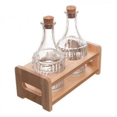 Conjunto 2 Garrafas De Azeite Suporte Em Madeira 180ml Lyor