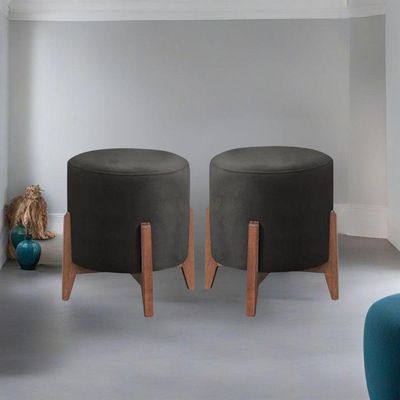 Kit 2 Puff Decorativo Para Sala Redondo Luxo Selena Veludo preto