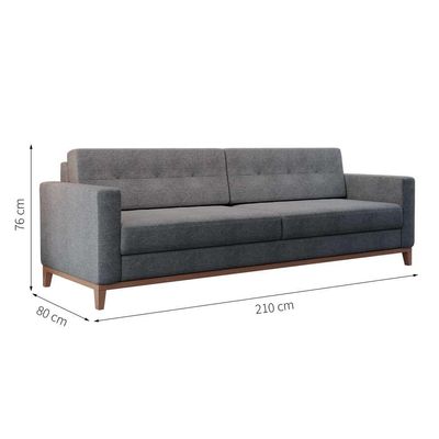 Sofá 3 Lugares Living Base de Madeira Linho Cotton Cinza 210 cm