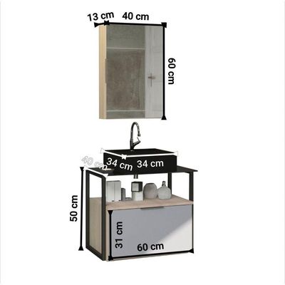 Conjunto Gabinete Urbe 60cm Madeirado Cinza Tampo Preto Cuba Preto