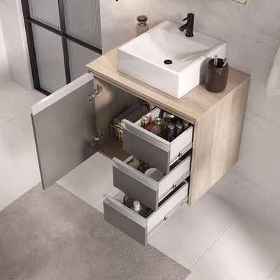 Conjunto Gabinete Banheiro Prisma 60cm Gabinete + Cuba + Espelheira Madeirado Cinza