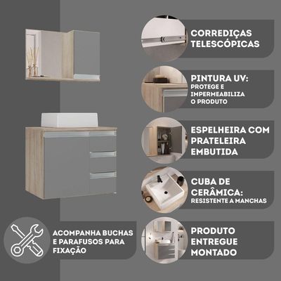 Conjunto Gabinete Banheiro Prisma 60cm Gabinete + Cuba + Espelheira Madeirado Cinza