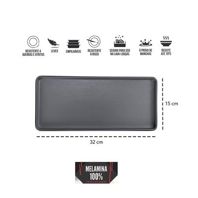 Petisqueira Prato Retangular Preto Cinza Melanina 32cm 3un