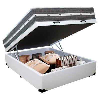 Cama Box Baú Casal Sintético + Colchão Anjos Black Graphite Molas Ensacadas 138x188x64cm Branco