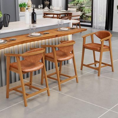 Kit 02 Banquetas Baixa Cozinha Sala de Jantar Bancada Cecília L02 Couríssimo Camel - Lyam Decor