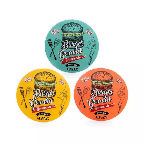 Conjunto de Pratos Decorglass Lanche Burguer de Vidro Colorido com 3 Peças Conjunto de Pratos Decorglass Lanche Burguer de Vidro Colorido com 3 Peças