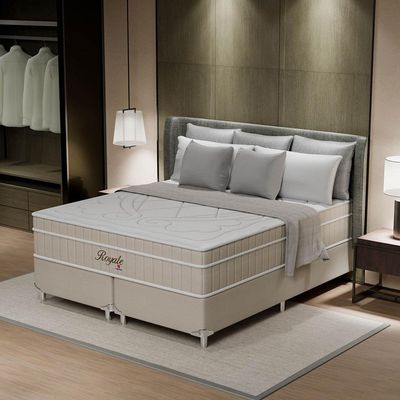 Cama Box King Royale com Colchão King Molas Ensacadas Bege e Branca