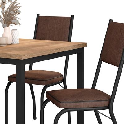 Conjunto de Mesa Retangular com Tampo de MDF Amadeirado e 4 Cadeiras Adriana Revestimento Sintético Imbuia e Preto
