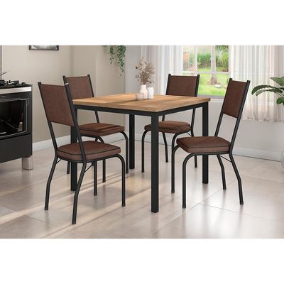 Conjunto de Mesa Retangular com Tampo de MDF Amadeirado e 4 Cadeiras Adriana Revestimento Sintético Imbuia e Preto