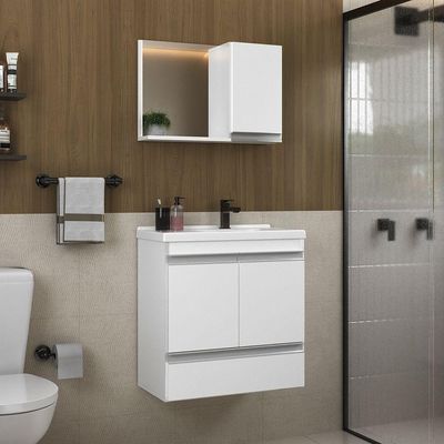 Conjunto Gabinete Banheiro Fox 60cm (gabinete + Cuba + Espelheira) Branco Inteiro