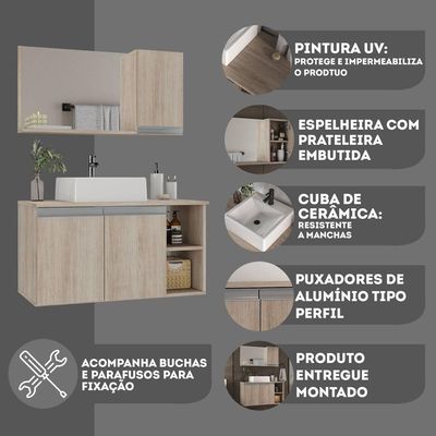 Conjunto Gabinete Banheiro Virtus 80cm - Gabinete + Cuba + Espelheira Madeirado Inteiro