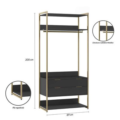 Guarda-Roupa Closet Industrial Mital com Cabideiro 2 GV Preto e Dourado