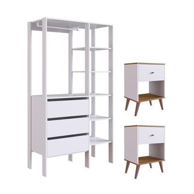 Conjunto de Guarda-Roupa Closet Modulado Dormitório 3 GV e 2 Mesas de Cabeceira Retrô 1 GV Branco e Mel