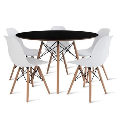 Conjunto De Mesa De Jantar Eames Eiffel Redonda 120cm Tampo De Madeira Preto Com 5 Cadeiras Brancas