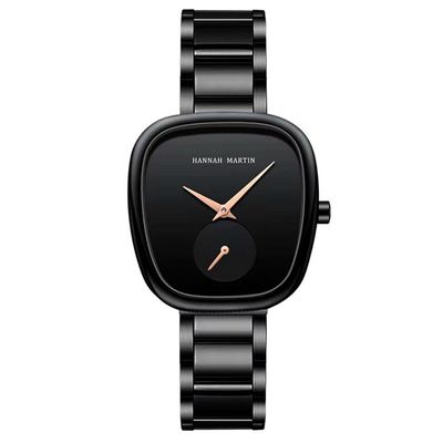 Relógio De Pulso De Quartzo Oval Estilo Minimalista Feminino Em Aço Inoxidavel Preto