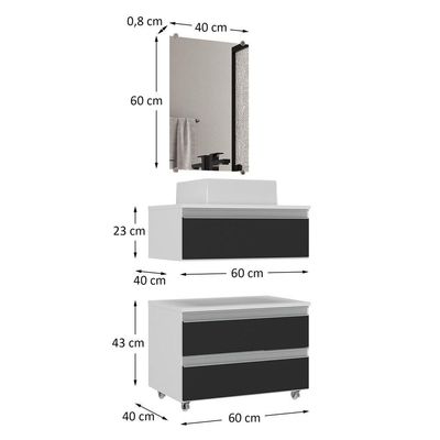 Conjunto Gabinete Banheiro Creta 60cm (gabinete+espelheira+cuba) Branco Preto