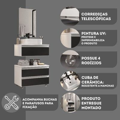 Conjunto Gabinete Banheiro Creta 60cm (gabinete+espelheira+cuba) Branco Preto
