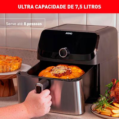 Fritadeira Elétrica Sem Óleo Air Fryer Arno AFD7 7,5L Mega Digital Inox com Preto / 110V