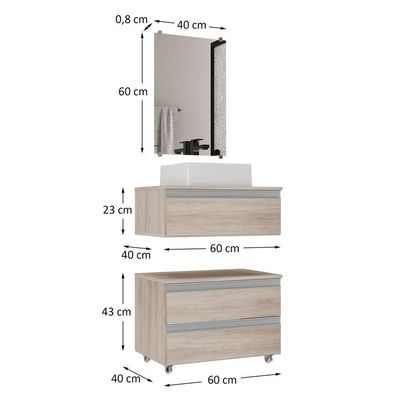 Conjunto Gabinete Banheiro Creta 60cm (gabinete+espelheira+cuba) Madeirado Inteiro