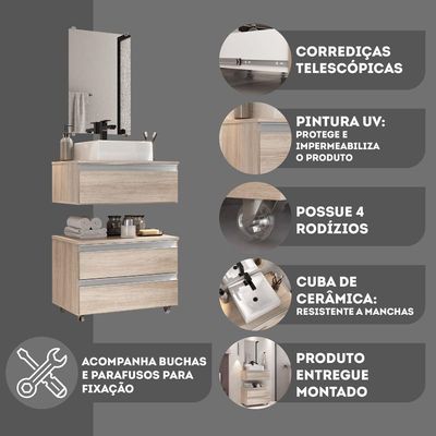 Conjunto Gabinete Banheiro Creta 60cm (gabinete+espelheira+cuba) Madeirado Inteiro