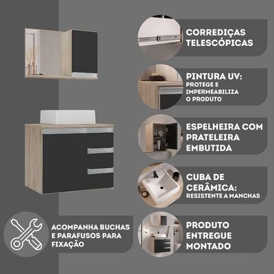 Conjunto Gabinete Banheiro Prisma 60cm Gabinete + Cuba + Espelheira Madeirado Preto