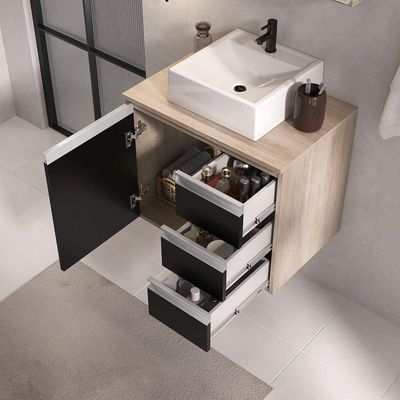 Conjunto Gabinete Banheiro Prisma 60cm Gabinete + Cuba + Espelheira Madeirado Preto