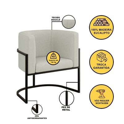 Kit 06 Poltronas Lua Sala Decorativa Base Ferro Black Bouclê Bege