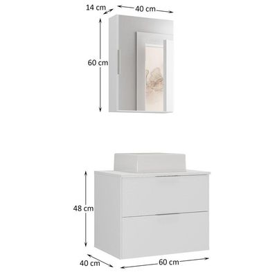 Conjunto Gabinete Banheiro Rubi 60cm Gabinete + Cuba + Espelheira Branco Inteiro
