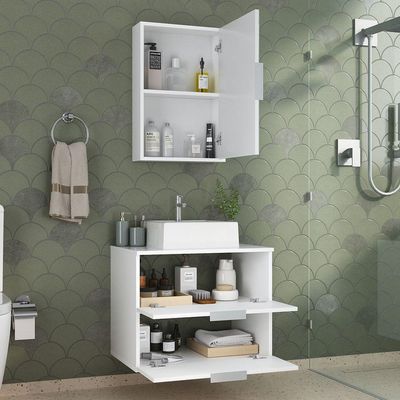 Conjunto Gabinete Banheiro Rubi 60cm Gabinete + Cuba + Espelheira Branco Inteiro