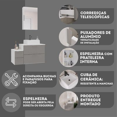 Conjunto Gabinete Banheiro Nivus 80 (gabinete+espelheira+cuba) Branco Cinza