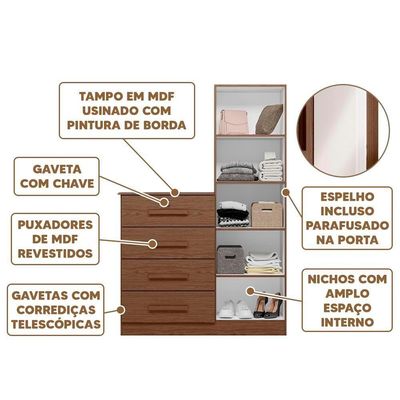 Cômoda Sapateira 1 Porta Espelho 4 Gavetas Cacau Berna Shop Jm