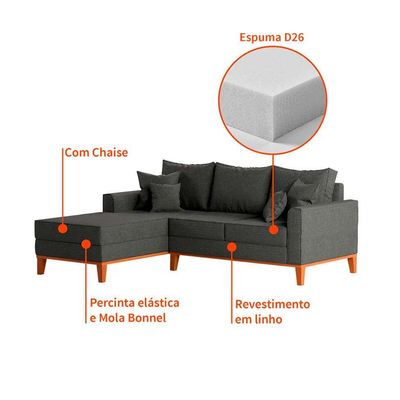Sofá 3 Lugares Beny Com Chaise Esquerdo Linho Grafite