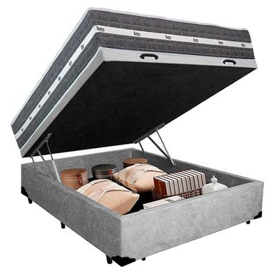 Cama Box Baú Casal Suede + Colchão Anjos Black Graphite Molas Ensacadas 138x188x64cm Cinza