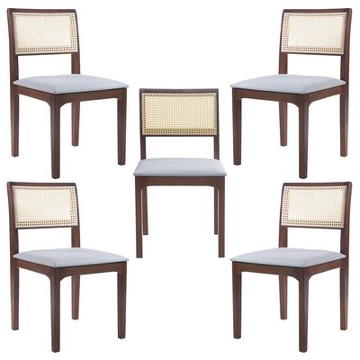 Kit 05 Cadeiras Sala de Jantar Madeira Maciça Nivea Tela Rattan Sextavano Linho Cinza/Amêndoa G55 - Gran Belo