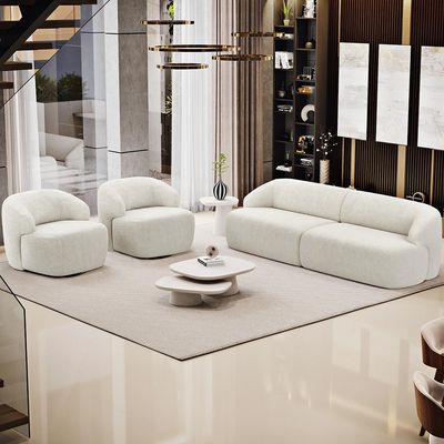 Sofá 3 Lugares Curvo Orgânico com 02 Poltronas Para Sala Living 220cm Barolo L06 Bouclê Off White - Lyam Decor