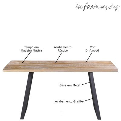 Mesa Sala de Jantar Cozinha Ogleary 190cm Grafite Madeira Maciça Driftwood - Gran Belo