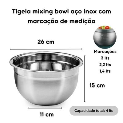 Tigela Mixing Bowl Aço Inox Multiuso Salada Molho Creme 26cm