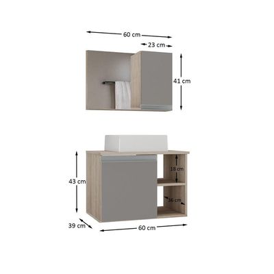 Conjunto Gabinete Banheiro Virtus 60cm - Gabinete + Cuba + Espelheira Madeirado Cinza
