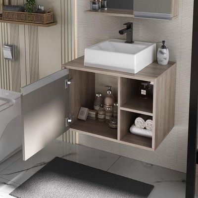 Conjunto Gabinete Banheiro Virtus 60cm - Gabinete + Cuba + Espelheira Madeirado Cinza