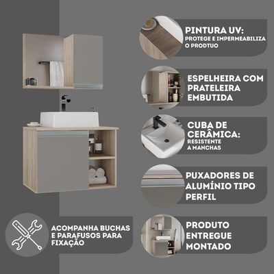 Conjunto Gabinete Banheiro Virtus 60cm - Gabinete + Cuba + Espelheira Madeirado Cinza
