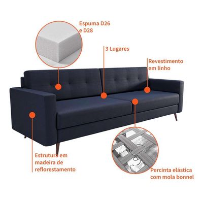 Sofá 3 Lugares Living Pé Palito Linho Cotton Azul Marinho 210 cm