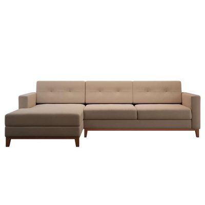 Sofá 3 Lugares Living com Chaise Esquerdo Pés e Base em Madeira Linho Cotton Bege