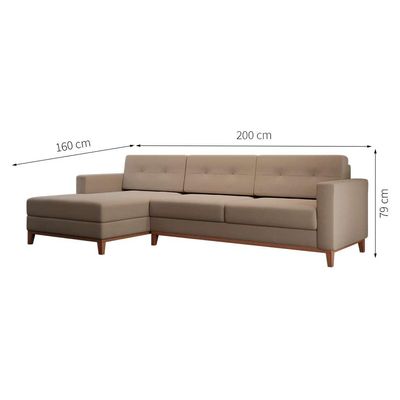 Sofá 3 Lugares Living com Chaise Esquerdo Pés e Base em Madeira Linho Cotton Bege