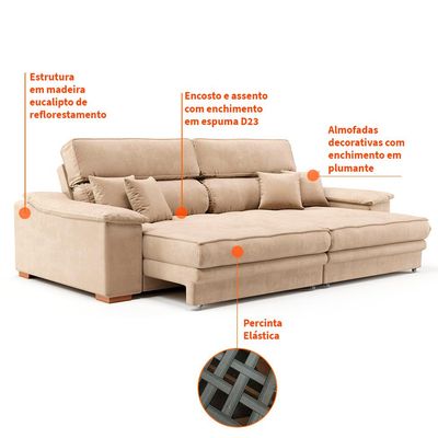 Sofá 3 Lugares Retrátil e Reclinável Lupin Velosuede Bege