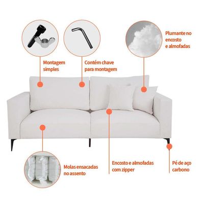 Sofá Unne 3 Lugares com Molas Ensacadas Bouclé Off White 200 cm